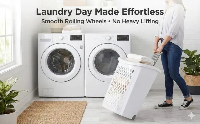 Alt view image 6 of 7 - Wheeled Laundry Hamper with Smooth Rolling Wheels, Large Ventilated Plastic Clothes Basket for Easy Transport, Ideal for Laundry Rooms, Dorms, Apartments, White