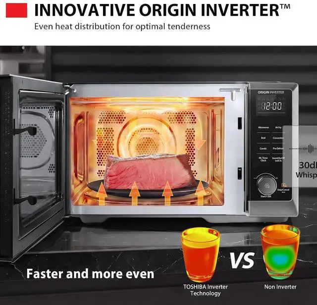 Alt view image 3 of 7 - OptiChef Basic Countertop Microwave Air Fryer Combo 0.9 Cu.Ft, Origin Inverter Tech, Convection Bake & Broil, 27 Auto Menus, Black Stainless Steel