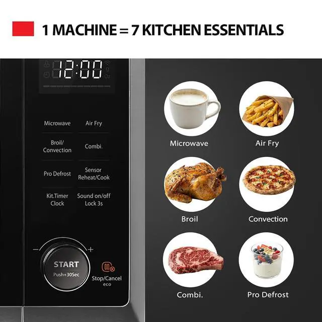 Alt view image 2 of 7 - OptiChef Classic All-in-One Countertop Microwave Air Fryer Combo for Small Kitchens 1.0 Cu.Ft 1000WOrigin Inverter Tech & Humidity Sensor, Convection & Broil Combi, Black Stainless Steel