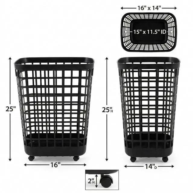 Alt view image 2 of 7 - Heavy Duty Rolling Laundry Hamper with Wheels - 2.6 Bushel (90L+) Large Plastic Laundry Basket, Tall Ventilated Dirty Clothes Organizer for Bedroom, Bathroom & Dorm Room, No Assembly Required (Black)