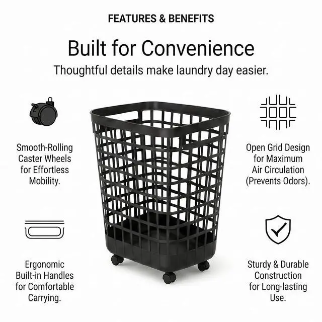 Alt view image 3 of 7 - Heavy Duty Rolling Laundry Hamper with Wheels - 2.6 Bushel (90L+) Large Plastic Laundry Basket, Tall Ventilated Dirty Clothes Organizer for Bedroom, Bathroom & Dorm Room, No Assembly Required (Black)