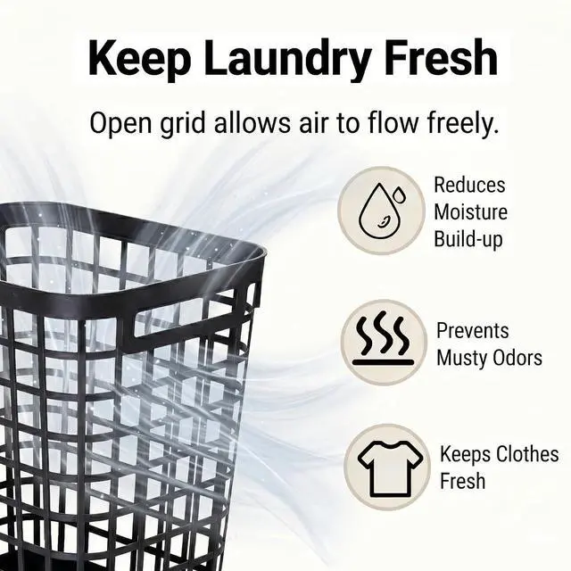 Alt view image 4 of 7 - Heavy Duty Rolling Laundry Hamper with Wheels - 2.6 Bushel (90L+) Large Plastic Laundry Basket, Tall Ventilated Dirty Clothes Organizer for Bedroom, Bathroom & Dorm Room, No Assembly Required (Black)