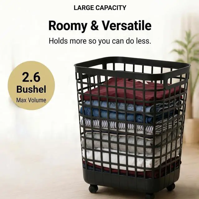 Alt view image 5 of 7 - Heavy Duty Rolling Laundry Hamper with Wheels - 2.6 Bushel (90L+) Large Plastic Laundry Basket, Tall Ventilated Dirty Clothes Organizer for Bedroom, Bathroom & Dorm Room, No Assembly Required (Black)