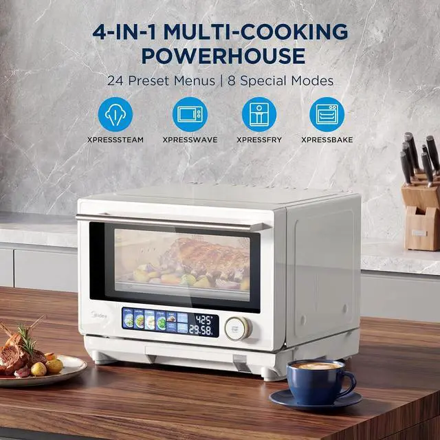 Alt view image 2 of 7 - 4-in-1 Inverter Microwave Oven, 0.9 Cu Ft Countertop Microwave with Air Fryer, Steamer & Convection Oven, 32 Auto Menus, 23L Smart Toaster Oven with Color Touchscreen, Stainless Steel