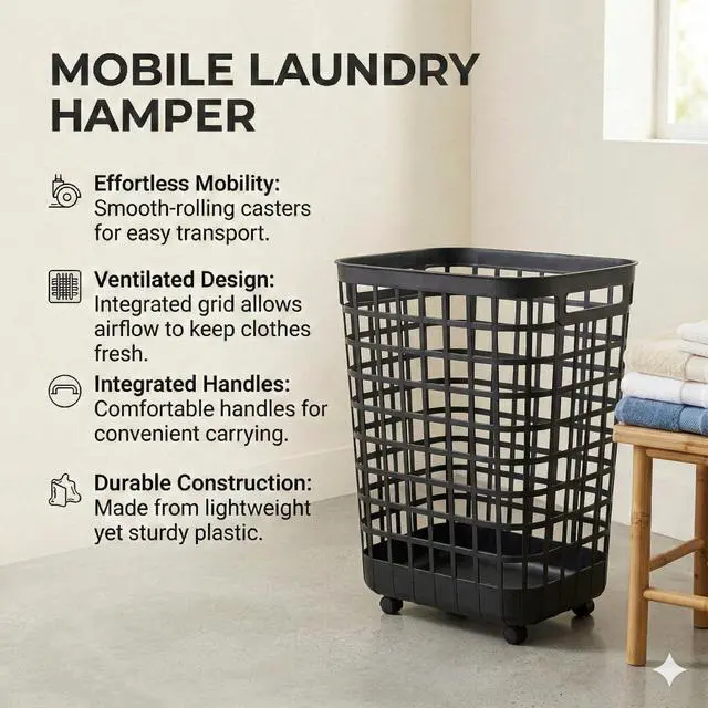 Alt view image 6 of 7 - Heavy Duty Rolling Laundry Hamper with Wheels - 2.6 Bushel (90L+) Large Plastic Laundry Basket, Tall Ventilated Dirty Clothes Organizer for Bedroom, Bathroom & Dorm Room, No Assembly Required (Black)