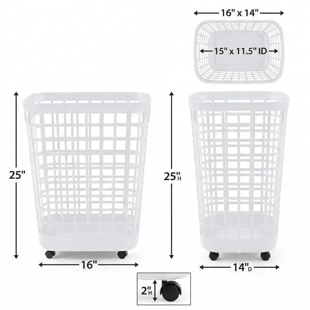 Alt view image 2 of 7 - Heavy Duty Rolling Laundry Hamper with Wheels - 2.6 Bushel (90L+) Large Plastic Laundry Basket, Tall Ventilated Dirty Clothes Organizer for Bedroom, Bathroom & Dorm Room, No Assembly Required (White)