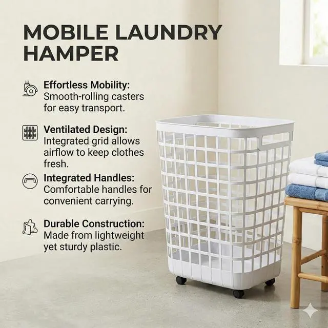 Alt view image 3 of 7 - Heavy Duty Rolling Laundry Hamper with Wheels - 2.6 Bushel (90L+) Large Plastic Laundry Basket, Tall Ventilated Dirty Clothes Organizer for Bedroom, Bathroom & Dorm Room, No Assembly Required (White)
