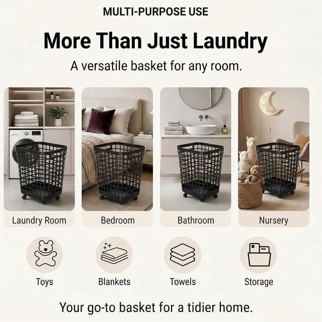 Alt view image 7 of 7 - Heavy Duty Rolling Laundry Hamper with Wheels - 2.6 Bushel (90L+) Large Plastic Laundry Basket, Tall Ventilated Dirty Clothes Organizer for Bedroom, Bathroom & Dorm Room, No Assembly Required (Black)