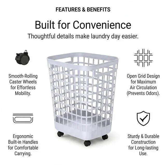 Alt view image 4 of 7 - Heavy Duty Rolling Laundry Hamper with Wheels - 2.6 Bushel (90L+) Large Plastic Laundry Basket, Tall Ventilated Dirty Clothes Organizer for Bedroom, Bathroom & Dorm Room, No Assembly Required (White)
