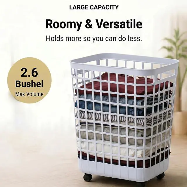 Alt view image 5 of 7 - Heavy Duty Rolling Laundry Hamper with Wheels - 2.6 Bushel (90L+) Large Plastic Laundry Basket, Tall Ventilated Dirty Clothes Organizer for Bedroom, Bathroom & Dorm Room, No Assembly Required (White)
