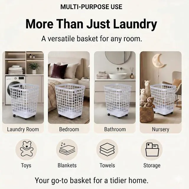 Alt view image 7 of 7 - Heavy Duty Rolling Laundry Hamper with Wheels - 2.6 Bushel (90L+) Large Plastic Laundry Basket, Tall Ventilated Dirty Clothes Organizer for Bedroom, Bathroom & Dorm Room, No Assembly Required (White)