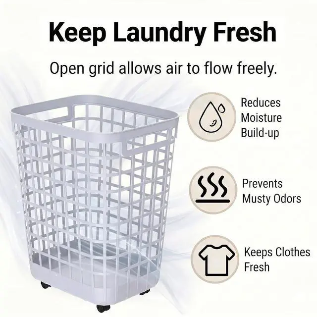 Alt view image 6 of 7 - Heavy Duty Rolling Laundry Hamper with Wheels - 2.6 Bushel (90L+) Large Plastic Laundry Basket, Tall Ventilated Dirty Clothes Organizer for Bedroom, Bathroom & Dorm Room, No Assembly Required (White)