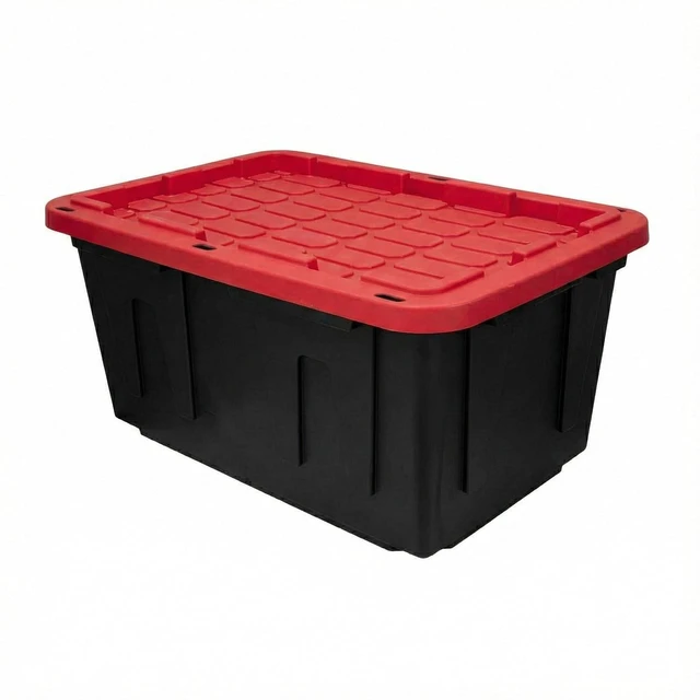 Main image of 27 Gallon Heavy Duty Storage Tote with Lid, Stackable & Nestable Plastic Storage Bin for Garage, Large Tote Box Organizing Container, Black Red (1)