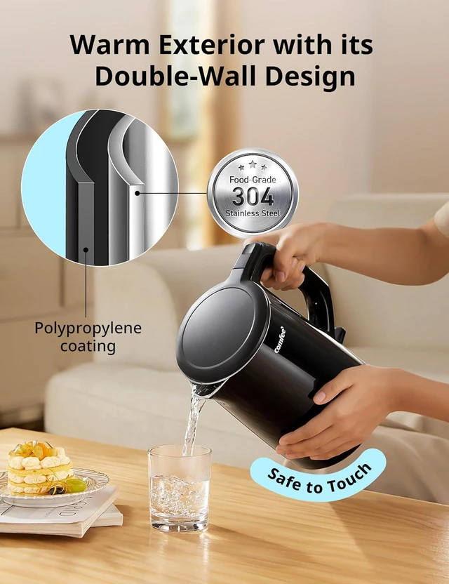 Alt view image 2 of 7 - COMFEE' Electric Kettle and Tea Kettle, 1.5L Double Wall, Stainless Steel Interior, Lid & Spout, Fast Boil, Auto-Off, and Boil-Dry Protection, 1500W