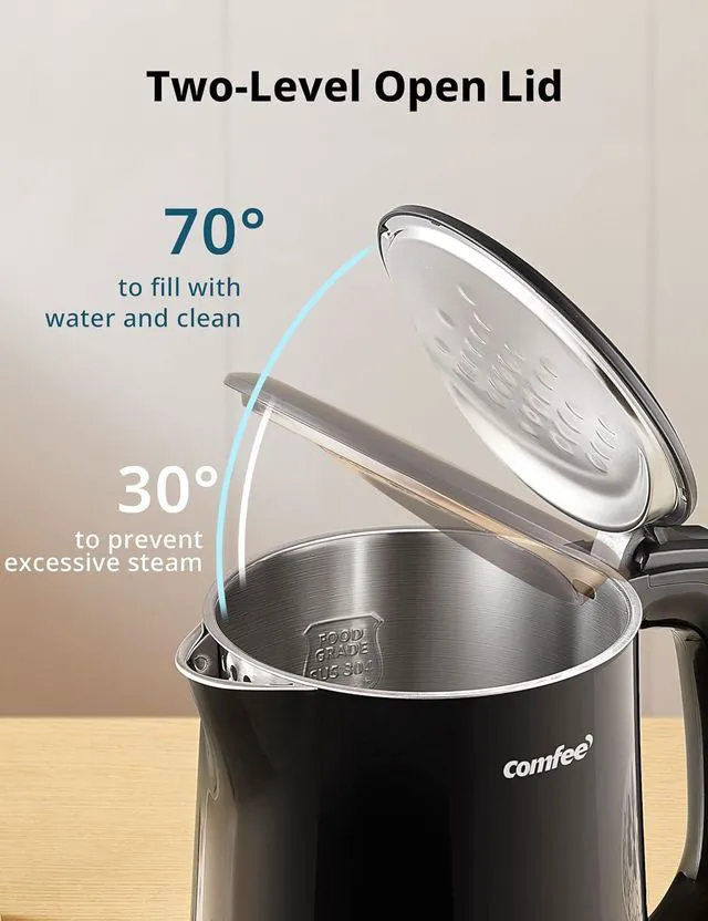 Alt view image 4 of 7 - COMFEE' Electric Kettle and Tea Kettle, 1.5L Double Wall, Stainless Steel Interior, Lid & Spout, Fast Boil, Auto-Off, and Boil-Dry Protection, 1500W