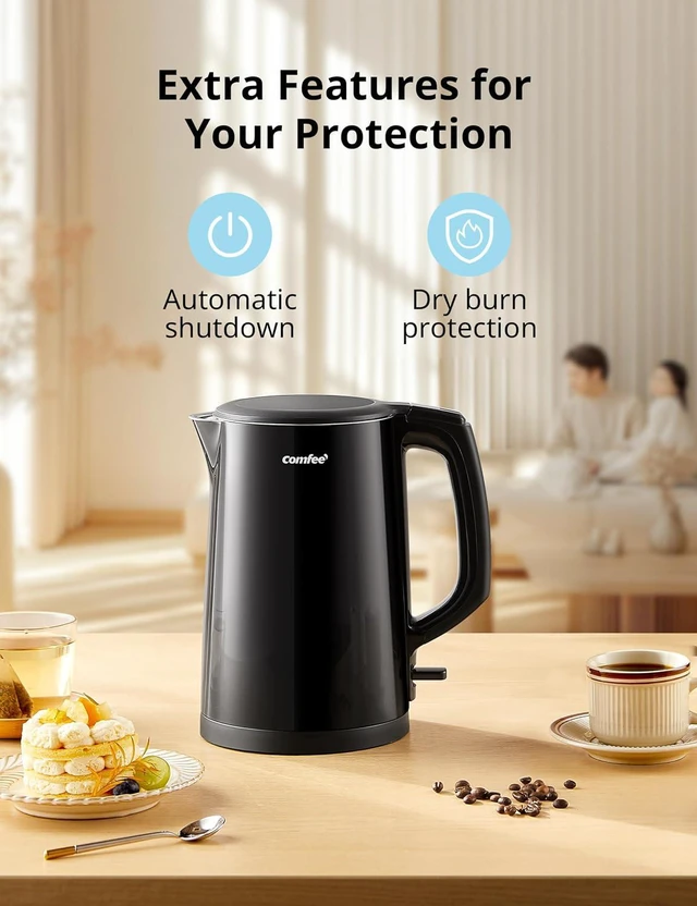 Alt view image 6 of 7 - COMFEE' Electric Kettle and Tea Kettle, 1.5L Double Wall, Stainless Steel Interior, Lid & Spout, Fast Boil, Auto-Off, and Boil-Dry Protection, 1500W