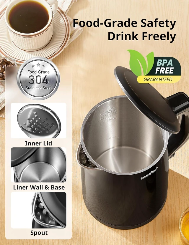 Alt view image 3 of 7 - COMFEE' Electric Kettle and Tea Kettle, 1.5L Double Wall, Stainless Steel Interior, Lid & Spout, Fast Boil, Auto-Off, and Boil-Dry Protection, 1500W