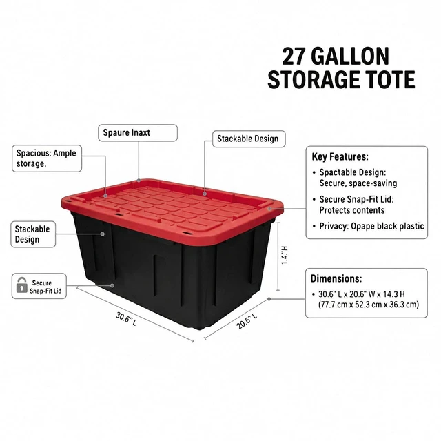 Alt view image 2 of 7 - 27 Gallon Heavy Duty Storage Tote with Lid, Stackable & Nestable Plastic Storage Bin for Garage, Large Tote Box Organizing Container, Black Red (1)