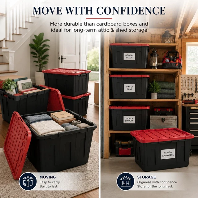 Alt view image 5 of 7 - 27 Gallon Heavy Duty Storage Tote with Lid, Stackable & Nestable Plastic Storage Bin for Garage, Large Tote Box Organizing Container, Black Red (1)