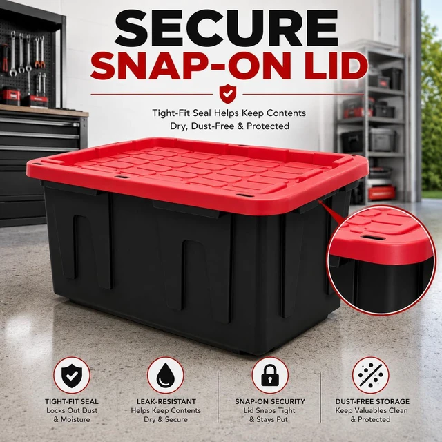 Alt view image 4 of 7 - 27 Gallon Heavy Duty Storage Tote with Lid, Stackable & Nestable Plastic Storage Bin for Garage, Large Tote Box Organizing Container, Black Red (1)