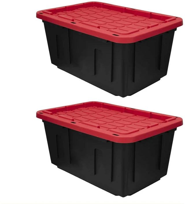 Main image of 27 Gallon Heavy Duty Storage Tote with Lid, Stackable & Nestable Plastic Storage Bin for Garage, Large Tote Box Organizing Container, Black Red (2)