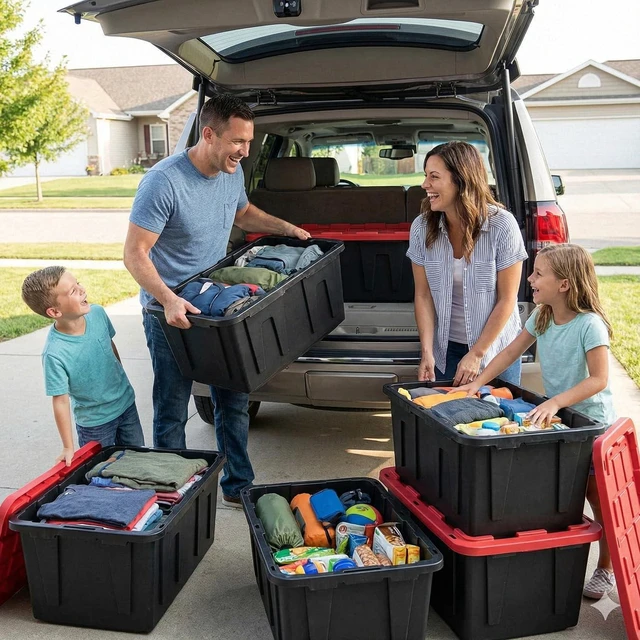 Alt view image 7 of 7 - 27 Gallon Heavy Duty Storage Tote with Lid, Stackable & Nestable Plastic Storage Bin for Garage, Large Tote Box Organizing Container, Black Red (1)