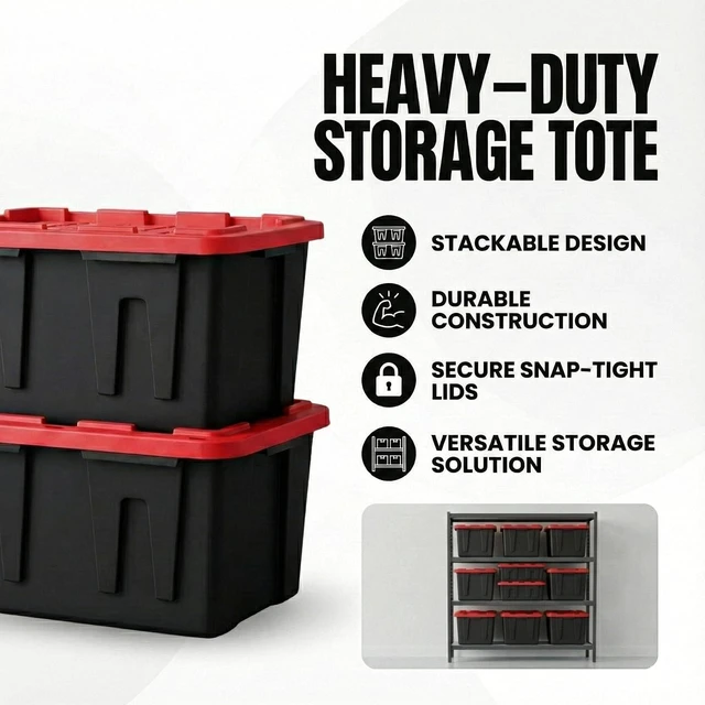 Alt view image 3 of 7 - 27 Gallon Heavy Duty Storage Tote with Lid, Stackable & Nestable Plastic Storage Bin for Garage, Large Tote Box Organizing Container, Black Red (1)