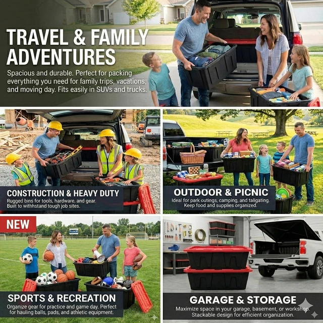 Alt view image 6 of 7 - 27 Gallon Heavy Duty Storage Tote with Lid, Stackable & Nestable Plastic Storage Bin for Garage, Large Tote Box Organizing Container, Black Red (1)