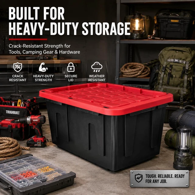 Alt view image 5 of 7 - 27 Gallon Heavy Duty Storage Tote with Lid, Stackable & Nestable Plastic Storage Bin for Garage, Large Tote Box Organizing Container, Black Red (2)