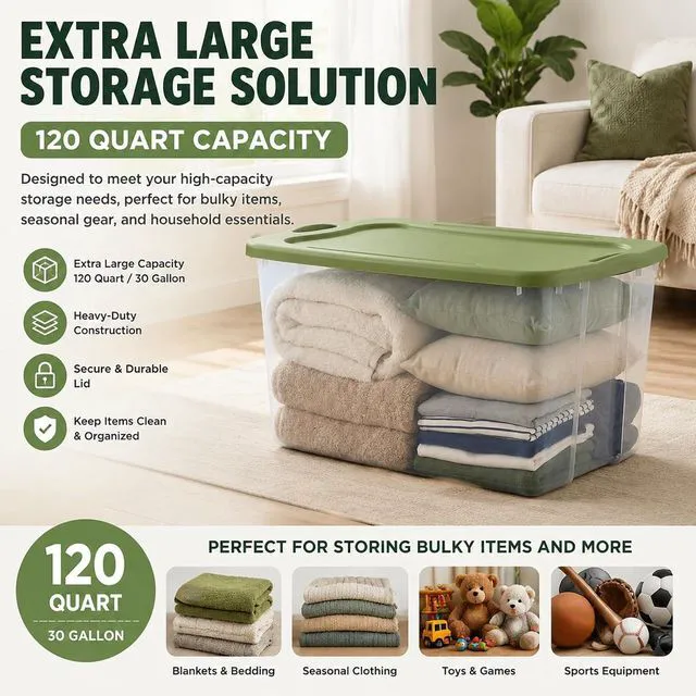 Alt view image 5 of 7 - Large Clear Plastic Storage Bins with Lids, 120 Quart Heavy Duty Storage Totes with EZ Carry Handles, Stackable Extra Large Storage Containers for Garage, Closet, Basement Organization
