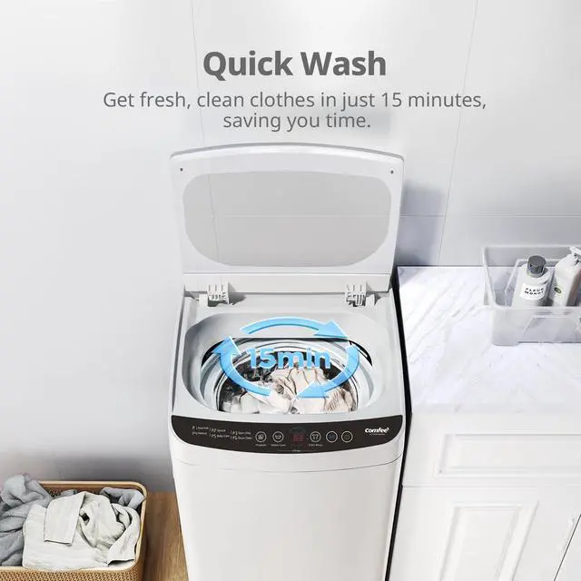 Alt view image 3 of 7 - COMFEE' Portable Washing Machine, 0.9 cu.ft Compact Washer With LED Display, 5 Wash Cycles, 2 Built-in Rollers, Space Saving Full-Automatic Washer with wheels
