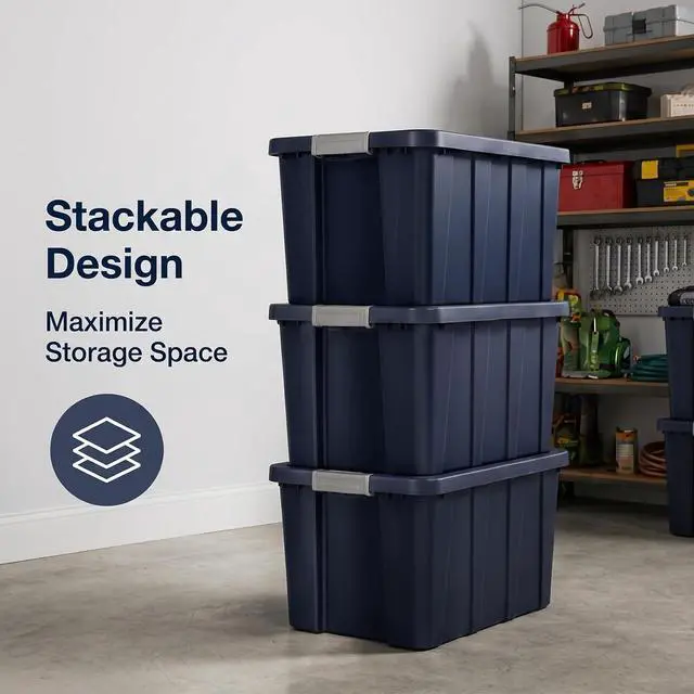 Alt view image 5 of 7 - 30 Gallon Storage Bin with Latching Lid, Heavy Duty Plastic Storage Tote, Stackable Large Storage Container for Garage, Basement, Moving & Organization, Dark Indigo
