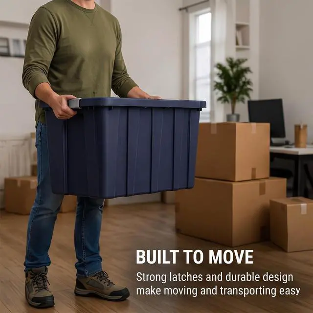 Alt view image 6 of 7 - 30 Gallon Storage Bin with Latching Lid, Heavy Duty Plastic Storage Tote, Stackable Large Storage Container for Garage, Basement, Moving & Organization, Dark Indigo