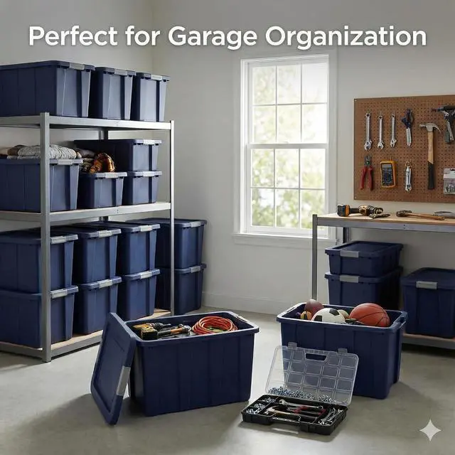 Alt view image 7 of 7 - 30 Gallon Storage Bin with Latching Lid, Heavy Duty Plastic Storage Tote, Stackable Large Storage Container for Garage, Basement, Moving & Organization, Dark Indigo