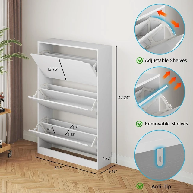 Alt view image 2 of 7 - Shoe Cabinet with 3 Flip Drawers, Hidden Wood Shoe Cabinet,Freestanding Shoe Storage Cabinet for Entryway Hallway.White. 47.2" H*31.5" W*9.45" D.