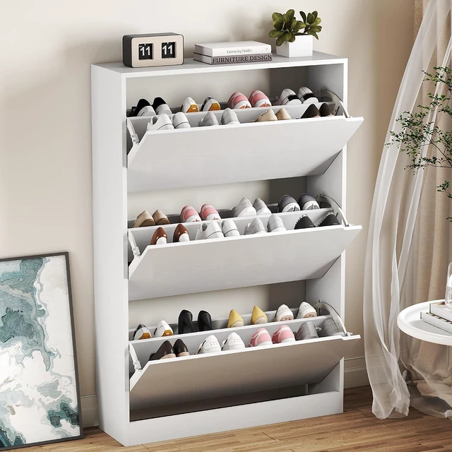 Main image of Shoe Cabinet with 3 Flip Drawers, Hidden Wood Shoe Cabinet,Freestanding Shoe Storage Cabinet for Entryway Hallway.White. 47.2" H*31.5" W*9.45" D.