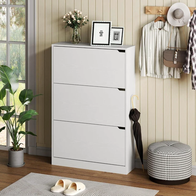 Alt view image 3 of 7 - Shoe Cabinet with 3 Flip Drawers, Hidden Wood Shoe Cabinet,Freestanding Shoe Storage Cabinet for Entryway Hallway.White. 47.2" H*31.5" W*9.45" D.