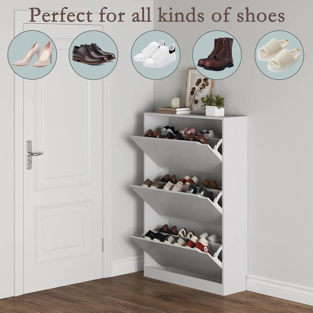 Alt view image 4 of 7 - Shoe Cabinet with 3 Flip Drawers, Hidden Wood Shoe Cabinet,Freestanding Shoe Storage Cabinet for Entryway Hallway.White. 47.2" H*31.5" W*9.45" D.