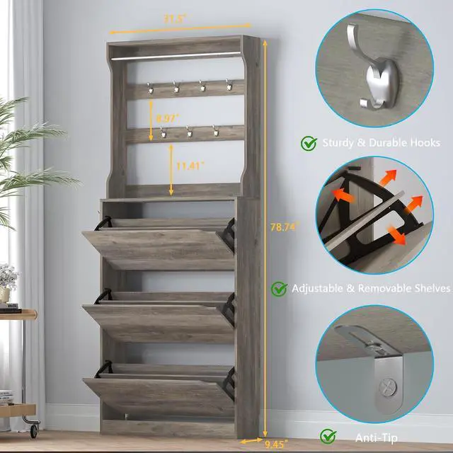 Alt view image 2 of 7 - Shoe Cabinet with 3 Flip Drawers & Coat Rack, Narrow Hidden Shoe Storage Cabinet, 2-in-1 Hall Tree Slim Freestanding Shoe Rack Organizer for Entryway, Hallway, and Living Room