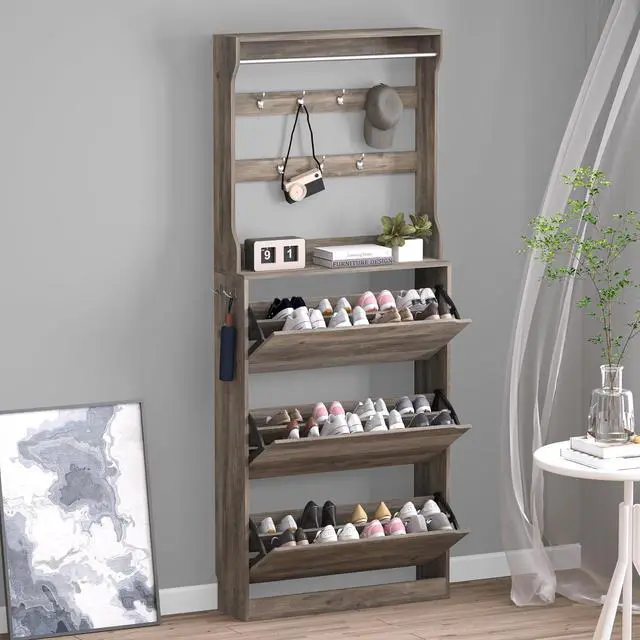 Main image of Shoe Cabinet with 3 Flip Drawers & Coat Rack, Narrow Hidden Shoe Storage Cabinet, 2-in-1 Hall Tree Slim Freestanding Shoe Rack Organizer for Entryway, Hallway, and Living Room