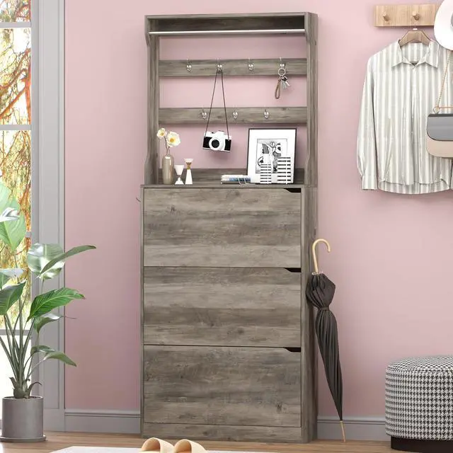 Alt view image 3 of 7 - Shoe Cabinet with 3 Flip Drawers & Coat Rack, Narrow Hidden Shoe Storage Cabinet, 2-in-1 Hall Tree Slim Freestanding Shoe Rack Organizer for Entryway, Hallway, and Living Room