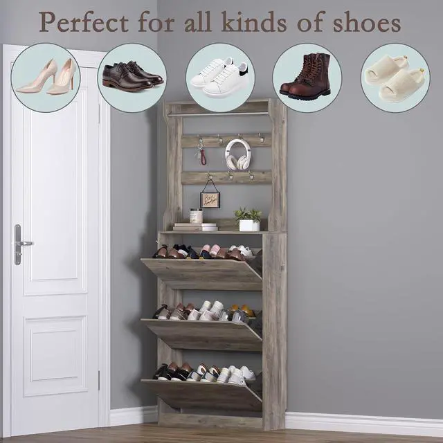Alt view image 4 of 7 - Shoe Cabinet with 3 Flip Drawers & Coat Rack, Narrow Hidden Shoe Storage Cabinet, 2-in-1 Hall Tree Slim Freestanding Shoe Rack Organizer for Entryway, Hallway, and Living Room