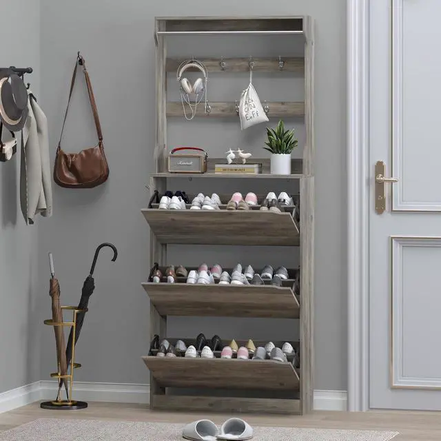 Alt view image 7 of 7 - Shoe Cabinet with 3 Flip Drawers & Coat Rack, Narrow Hidden Shoe Storage Cabinet, 2-in-1 Hall Tree Slim Freestanding Shoe Rack Organizer for Entryway, Hallway, and Living Room