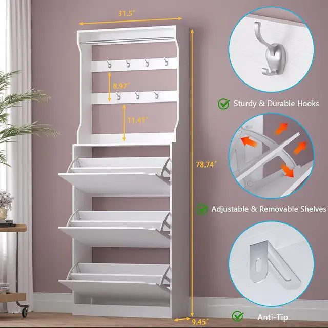 Alt view image 2 of 7 - Shoe Cabinet with 3 Flip Drawers & Coat Rack, Narrow Hidden Shoe Storage Cabinet, 2-in-1 Hall Tree Slim Freestanding Shoe Rack Organizer for Entryway, Hallway, and Living Room