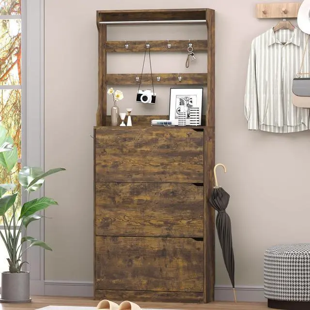 Alt view image 3 of 7 - Shoe Cabinet with 3 Flip Drawers & Coat Rack, Narrow Hidden Shoe Storage Cabinet, 2-in-1 Hall Tree Slim Freestanding Shoe Rack Organizer for Entryway, Hallway, and Living Room