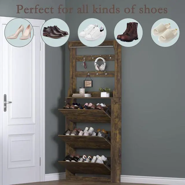 Alt view image 4 of 7 - Shoe Cabinet with 3 Flip Drawers & Coat Rack, Narrow Hidden Shoe Storage Cabinet, 2-in-1 Hall Tree Slim Freestanding Shoe Rack Organizer for Entryway, Hallway, and Living Room