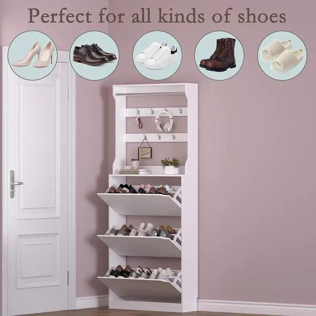 Alt view image 4 of 7 - Shoe Cabinet with 3 Flip Drawers & Coat Rack, Narrow Hidden Shoe Storage Cabinet, 2-in-1 Hall Tree Slim Freestanding Shoe Rack Organizer for Entryway, Hallway, and Living Room