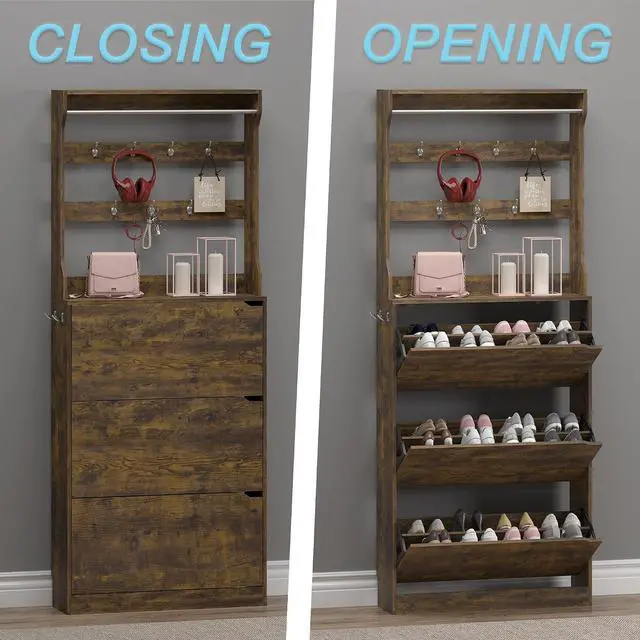 Alt view image 5 of 7 - Shoe Cabinet with 3 Flip Drawers & Coat Rack, Narrow Hidden Shoe Storage Cabinet, 2-in-1 Hall Tree Slim Freestanding Shoe Rack Organizer for Entryway, Hallway, and Living Room