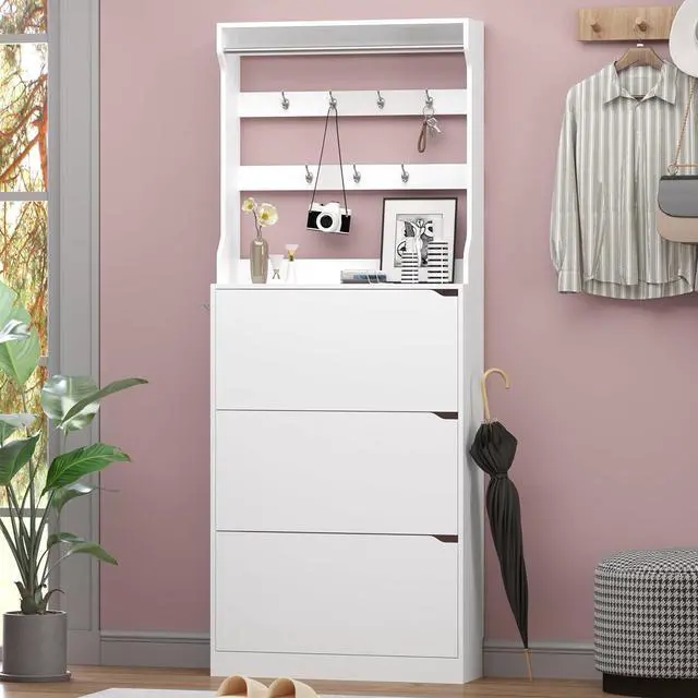 Alt view image 3 of 7 - Shoe Cabinet with 3 Flip Drawers & Coat Rack, Narrow Hidden Shoe Storage Cabinet, 2-in-1 Hall Tree Slim Freestanding Shoe Rack Organizer for Entryway, Hallway, and Living Room