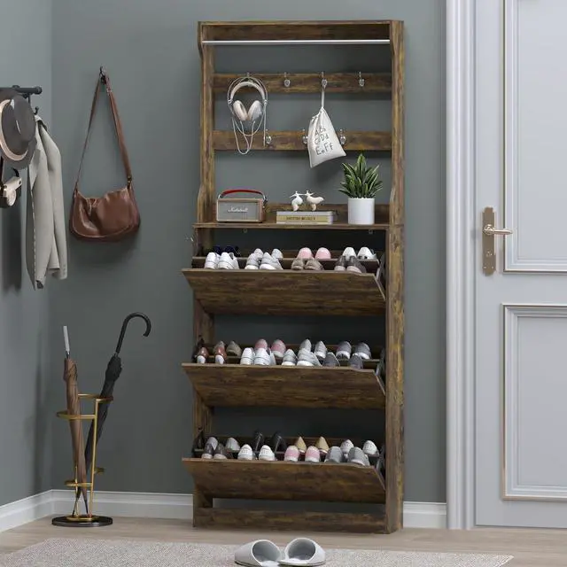 Alt view image 7 of 7 - Shoe Cabinet with 3 Flip Drawers & Coat Rack, Narrow Hidden Shoe Storage Cabinet, 2-in-1 Hall Tree Slim Freestanding Shoe Rack Organizer for Entryway, Hallway, and Living Room